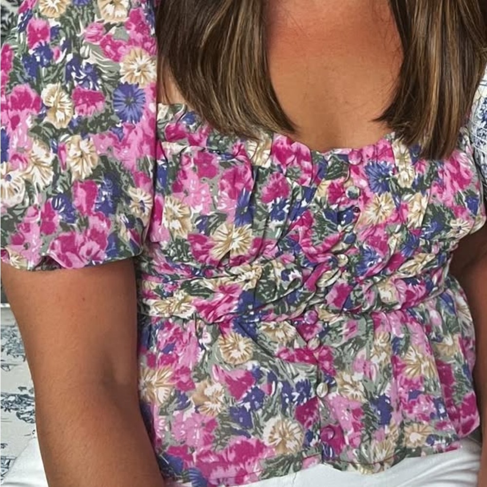 Astr Short Sleeve Pink and Purple Smocked Blouse